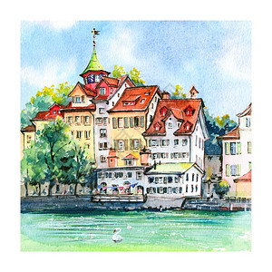 瑞士最大城市苏黎世旧的Limmat河边舒适房屋水彩图瑞士苏黎世旧城图片