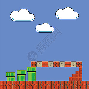马里奥阿隆索旧游戏背景带有绿色管道和红砖的经典Retro街机设计像素视频游戏风化图像界面设计元素经典Rtro街机设计视频Game界面设计元素背景