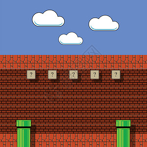 像素风素材旧游戏背景带有绿色管道和红砖的经典雷特罗街机设计像素视频游戏风景图像界面设计元素绿色管道和红砖的经典雷特罗街机设计像素视频游戏风背景