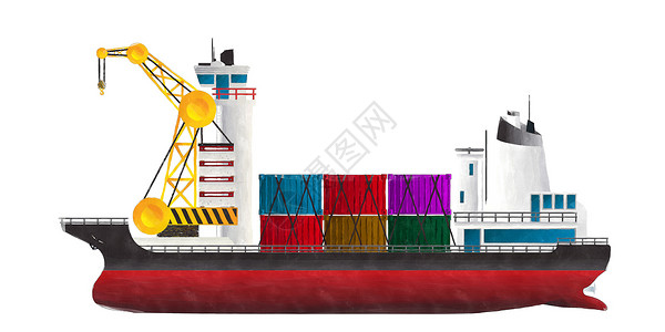 在白色背景下绘制集装箱船舶水彩色风格图案图片