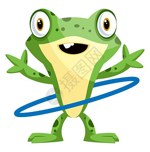 快乐的青蛙跳舞与呼拉圈插图矢量白色背景图片