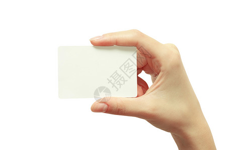 白纸上孤立的手中空白卡背景图片