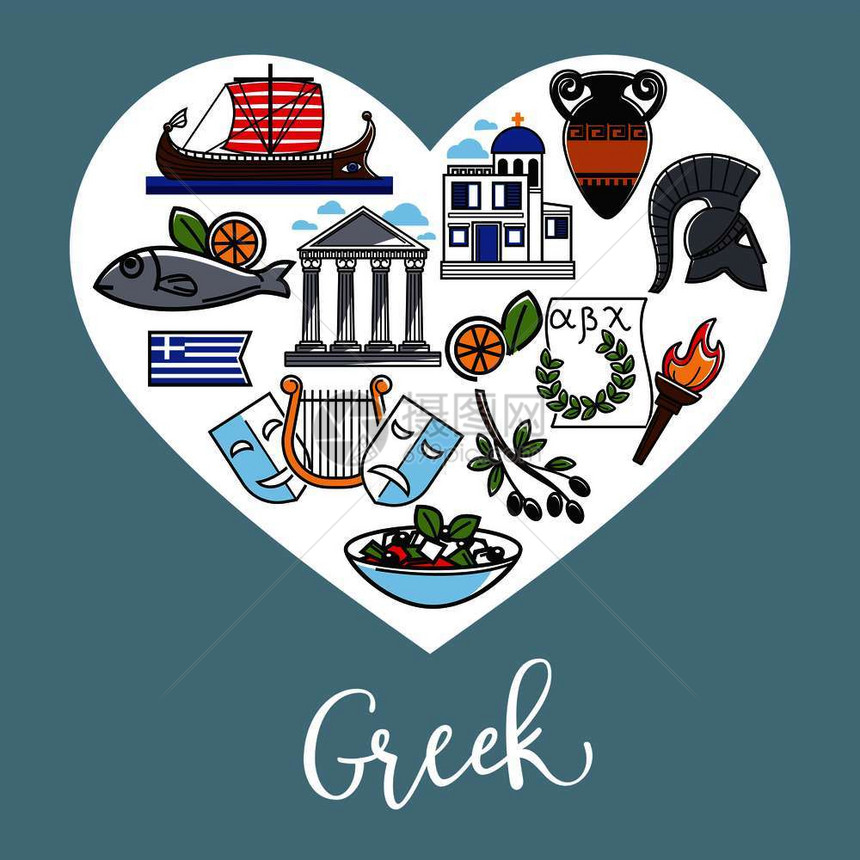 希腊在心脏形状的宣传海报中塑造了宣传海报图片