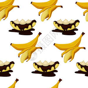 香蕉剥皮甜点类型香蕉加皮和面包机无缝模式矢量蛋糕和巧克力托普煎饼和碗加麦片甜面包烤食品加樱桃白莓孤立餐甜品类型香蕉加皮和面包机无缝模式矢插画