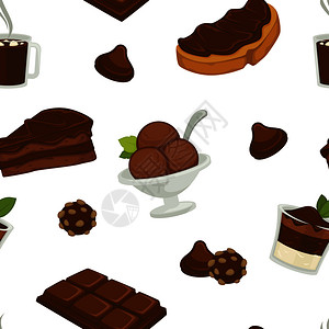 置物袋面包切片产品巧克力和可黄油种类繁多的无缝模式矢量装有成份粉的袋豆子和锅里种植的物装有涂料和糖果的蛋糕甜点面包切片产品巧克力和可黄插画
