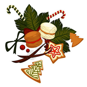 曲奇饼干详情模板圣诞快乐冬季假日饼干和甜食向量传统植物有浆果的薄荷树叶饼以恒星松树和雪花形式出现糖果棒条纹圣诞快乐冬季假日饼干和甜食向量插画