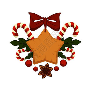 圣诞手杖糖姜饼圣诞快乐传统的姜饼象征干和糖果矢量饼干的肉桂香草味道有浆果的寄生植物叶糖棒和红丝带的弓插画