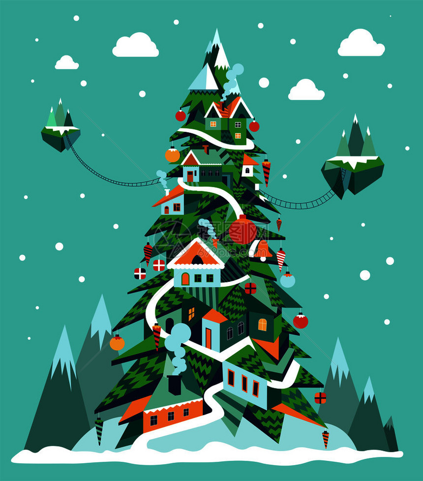 由房屋和建筑物矢量组成的圣诞高树有入口和窗户的建筑作为冬季假日的象征物品通往岛屿进入雪天的道路和梯子由房屋建筑物组成的圣诞高树图片