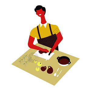斯潘维特男人用围裙做饭吃碗男人做盘子饭技巧烹饪和餐具用导线矢量说明男人做盘子碗盘子插画