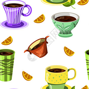 卡布奇诺图案彩色咖啡茶杯无缝图案矢量背景插画