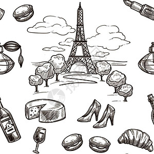 凡尔赛宫法国草图案背景巴黎埃菲尔铁塔或奶酪葡萄酒面包条或法国妇女发型香水或时装鞋的矢量无缝设计法国草图模式背景巴黎埃菲尔铁塔的矢量无缝设插画