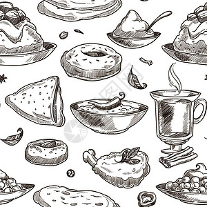 肉松饼详情页手绘印度烹饪元素背景插画