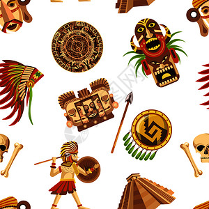 古董鉴宝古老的金字塔锋利长矛固盾真实的头盔人骨木质图腾和考古学的矢量图解古老的玛雅传统特征和古代无价的遗迹缝图解古老的玛雅传统特征和古老插画
