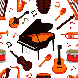 萨克特矢量孤立的一组管弦琴摇滚或班卓吉他钢琴音乐笔和鼓或震动马拉卡斯和带萨克风或喇叭低音的笛子插画