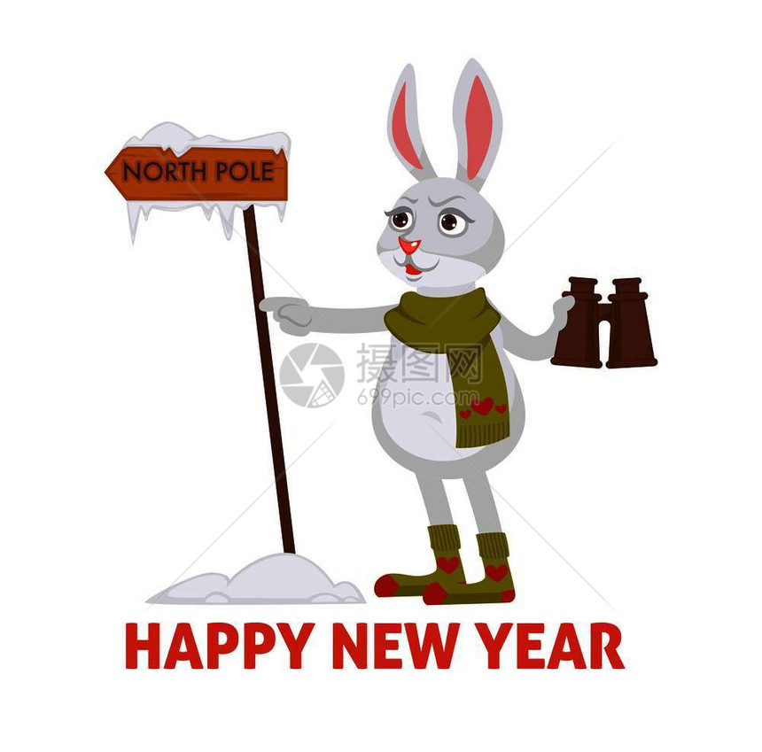 新年快乐海报上面有兔子搜索北极向矢量的兔子动物把望远镜放在爪子上看木桌指示器冬天的霜冻兔子穿着针织的围巾和带装饰袜子新年快乐海报图片