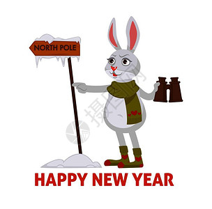 带把肘子新年快乐海报上面有兔子搜索北极向矢量的兔子动物把望远镜放在爪子上看木桌指示器冬天的霜冻兔子穿着针织的围巾和带装饰袜子新年快乐海报插画