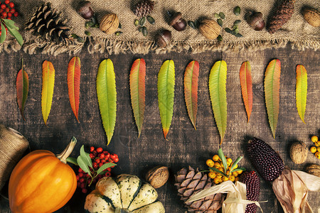 秋幕背景落叶和健康食品在旧木制桌上感恩节概念图片