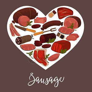 意大利农场美味的香肠和煮烤在商业海报上有机种植的农场动物肉类产品卡通平面矢量插图插画