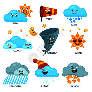 有面孔和标志的天气预报元素有情绪面孔的太阳和云强风大雨龙卷和大雷声的孤立卡通平方矢量图有脸孔和标志的天气预报元素插画