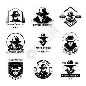 私人订制服装与戴帽子和经典大衣的男子私人侦探促销单色标志与特殊官员卡通矢量插图插画