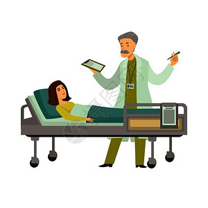 在病床上躺在咨询医生的女患者卡通矢量插画图片