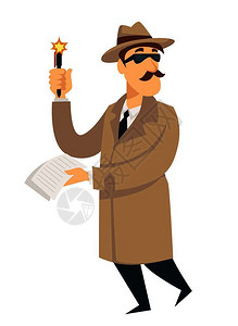 负责调查的警探矢量卡通侦穿着特警外套戴帽子和眼镜的侦探拿着笔和证据记录清单进行调查插画