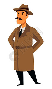 tec负责调查的警探矢量卡通特工或警察督穿用大衣和长胡子帽的人插画