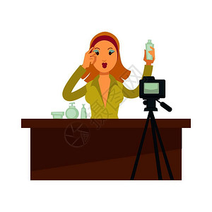 女视频博主拿相机拍摄博客女孩或Vlogger女拍摄美容化妆的博客社会网照片博客或视频vlogVector漫画博客或Vlogger概念孤立字符女矢量字插画