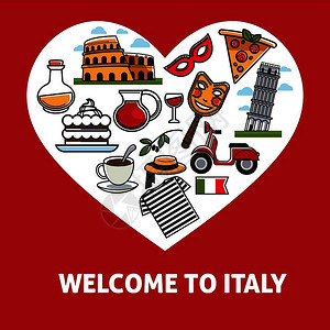 辛博尔意大利宣传海报里面有符号文化元素精美的食物和古建筑孤立的卡通平方矢量插图插画