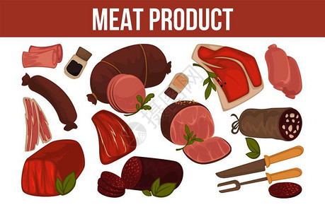 蛋白质组学香肠新鲜牛肉多汁火腿脂肪猪肉和饼孤立卡通矢量插图插画