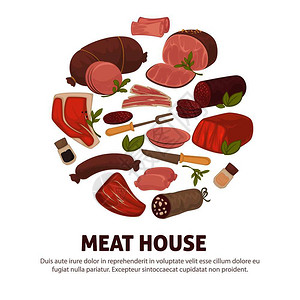 香肠炸肉排供商店或市场销售的香肠和肉类产品海报插画
