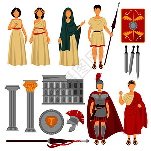文化遗迹古罗马男女角色和古老遗迹身着勇敢士大开赛和日常长袍的人旧建筑和孤立的卡通矢量插图集插画