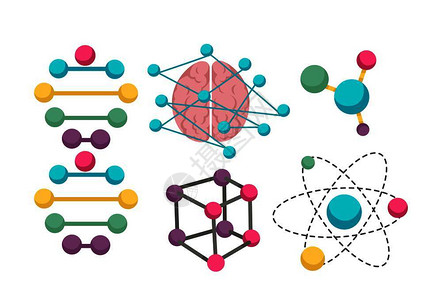 物质结构用于分子和遗传科学研究的DNA分子图标用于遗传生物技术的矢量分离子公式和人类大脑用于分子基因科学研究的DNA分子矢量图标插画