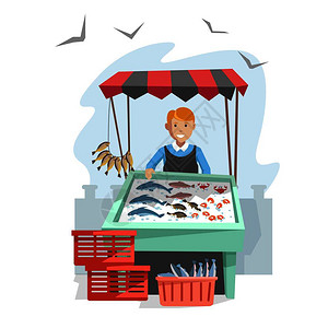直播卖鱼冷冰和围裙销售的有机海产食品的木制柜台帐篷下的美味鱼王虾和大洋蟹以及年轻的友好销售商孤立的卡通平面矢量插图插画