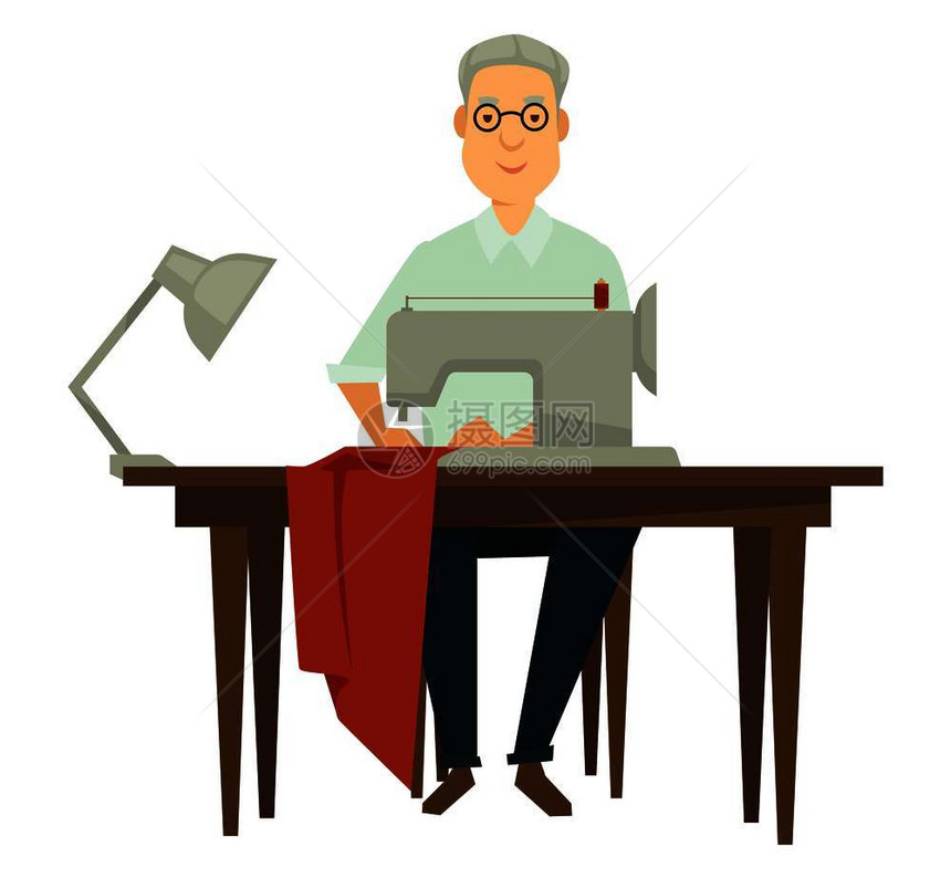 专业设计师用缝纫机自己做衣服戴眼镜灰色头发的人制造独家服装用灯光孤立的卡通平面矢量插图坐在桌上图片