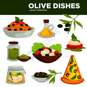 原料配方橄榄食品沙拉和零橄榄油敷料素汤或泡菜以及披萨原料的矢量图标橄榄盘食品石油和沙拉橄榄盘食品石油和沙拉插画