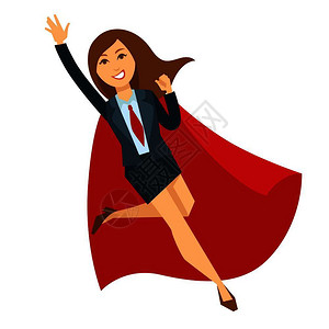 服装女身穿办公室裙装的超级女人单腿跳跃并举起与手隔离的卡通平方矢量插图身穿办公室裙装和红色斗篷的超级女人服装和红色斗篷插画