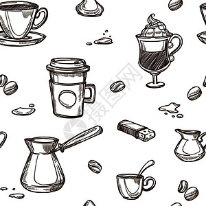 冰美式咖啡咖啡杯和豆类草图背景病媒无缝咖啡制造者热巧克力杯和用于咖啡厅或设计的土耳其饼干咖啡杯和豆类病媒模式背景插画