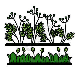 黑色竹编篱笆绿草和花植物或装饰矢量平板卡通花岗丛和绿树篱笆草和花矢量图标插画