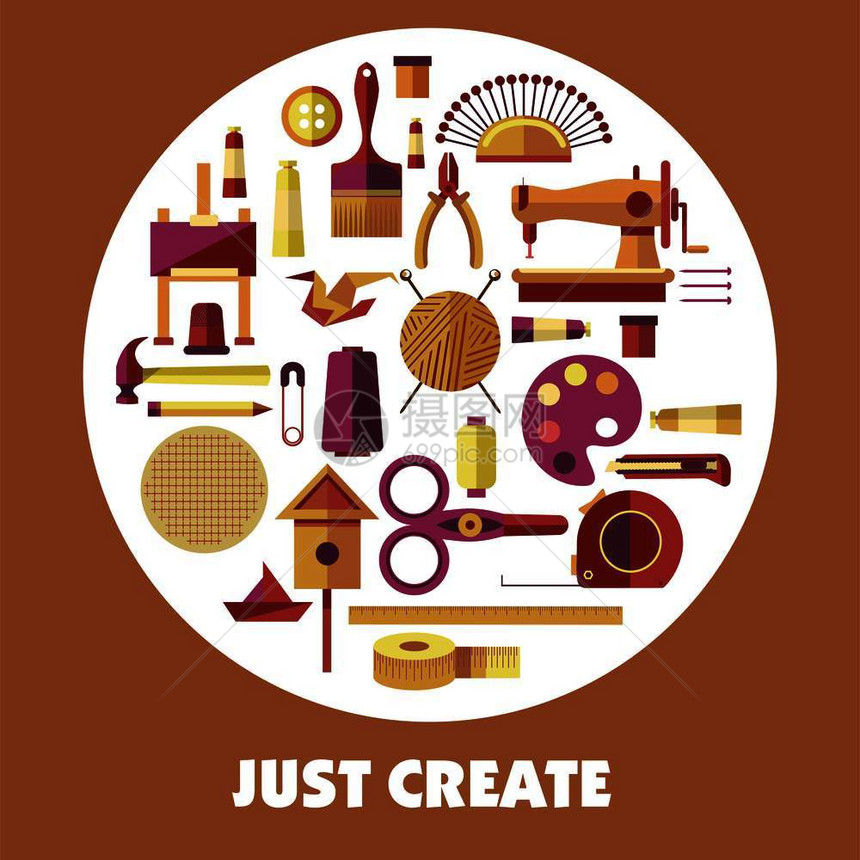 为手工艺和术爱好讲习班制作海报用于绘画编织或缝纫的矢量工具和物品以及木制建筑课程或艺术设计工作室图片