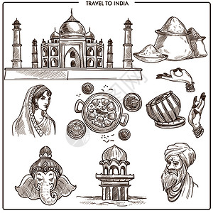 印度文化印度旅行草图符号和著名的旅游地标穿沙里服泰姬马哈勒或稻米食品的矢量妇女穿传统服装的男子黑纳手和甘尼沙佛教大象印度旅行地标和矢量符插画
