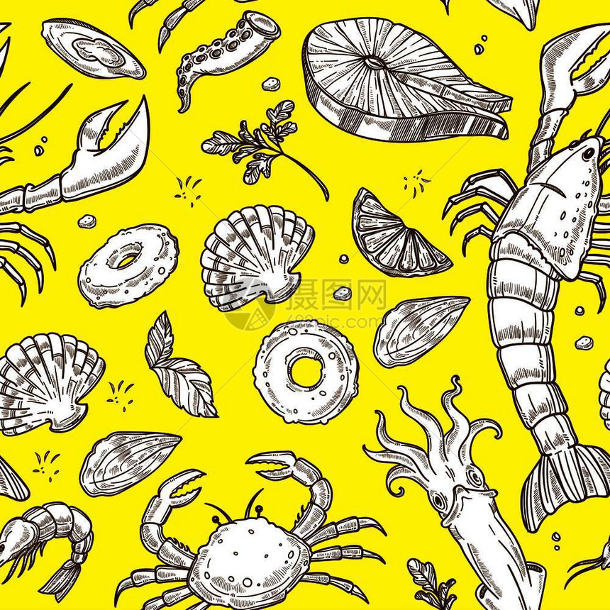 大型龙虾多汁的鲑鱼小贝类海蟹外来乌贼和王虾卡通矢量插图图片