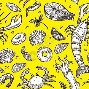鱿鱼虾大型龙虾多汁的鲑鱼小贝类海蟹外来乌贼和王虾卡通矢量插图插画
