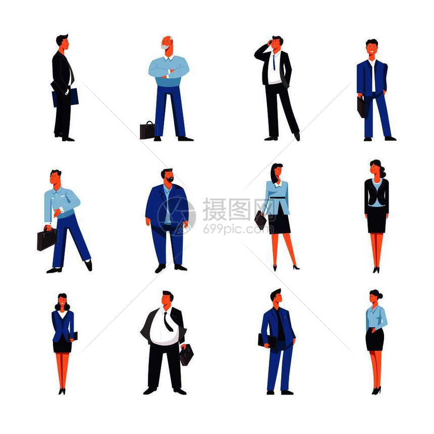 老板或身着办公室服装带文件档案或纸袋的男女商人和矢量图标图片
