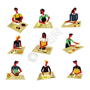 披萨面团妇女在厨房桌上做饭披萨或汤切开食物原料用于烘烤或餐具煮饭矢量漫画孤立的图标女烹饪病媒漫画孤立的图标插画