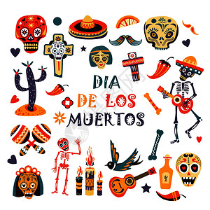 头骨贴纸墨西哥传统节日的Mecixan装饰品在头骨仙人掌或Banjo吉他上的矢量设计配有马拉卡斯和加辣椒的龙舌兰插画
