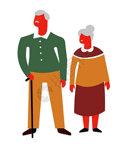 丈夫和妻子有灰发祖母穿着衣服父带棍子外婆和公一起用孤立的扁矢量图插画