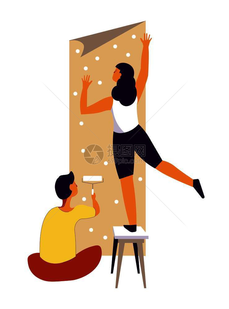 丈夫和妻子修造更换墙纸妇女把条放在墙上站凳子男人地板用滚轮工作家庭改造是孤立的矢量说明丈夫和妻子在墙纸上修造和更换图片