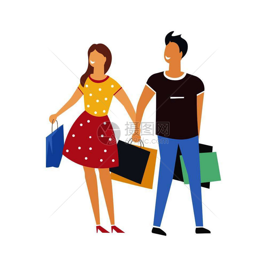 男女穿着Polkadot服装与商店和的包一起行走男友和女与购买孤立的漫画矢量插图图片
