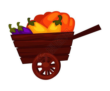 南瓜装装着蔬菜的手推车卡通矢量插图插画